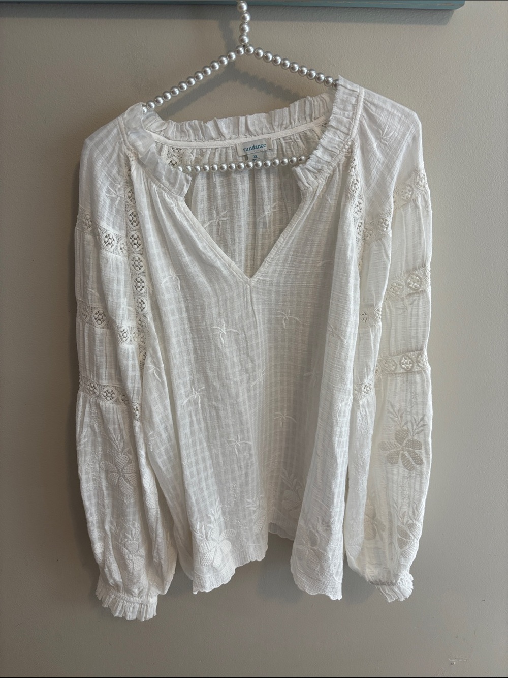 Sundance White Cotton Embroidered Peasant Blouse XL Lace Boho Cottagecore Top